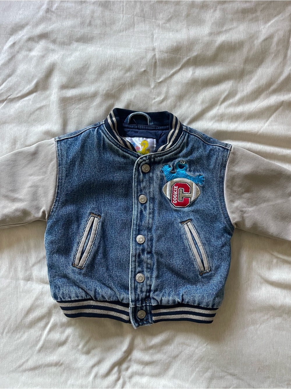 Sesame Street Cookie Monster Denim Football Varsity Jacket
